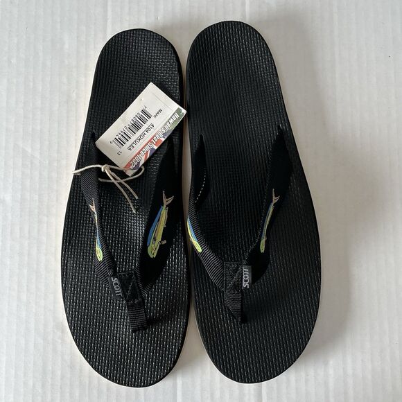 Scott Hawaii Mens 13 Hokulea Flip Flop Black Mahi Fish Rubber Boating Sandals - Picture 3 of 10